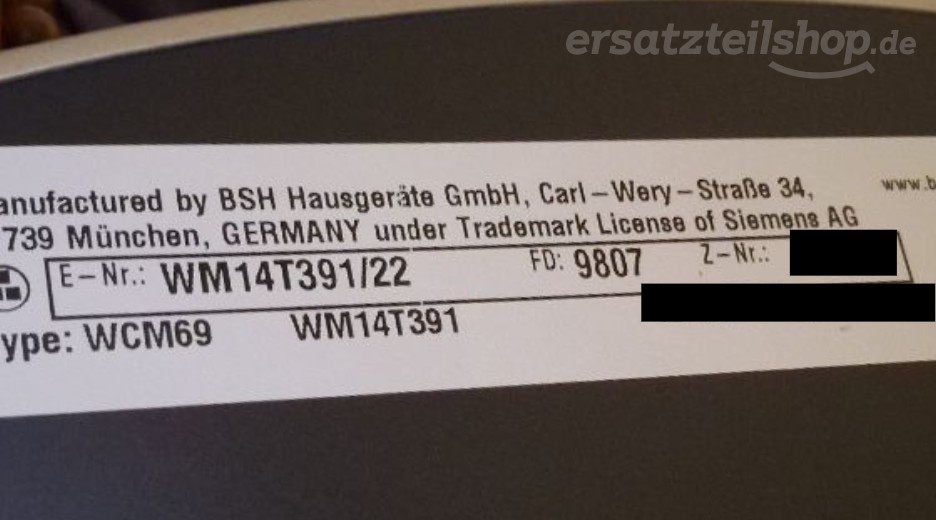 Typenschild Siemens WM14T391/22