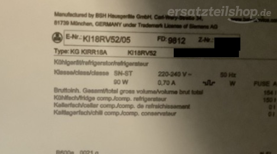 Typenschild Siemens KI18RV52/05