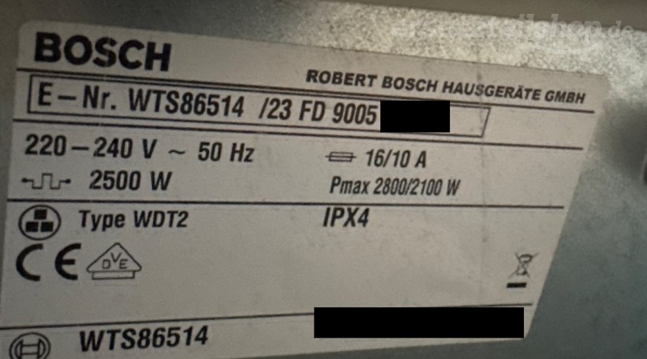 Typenschild Bosch WTS86514/23