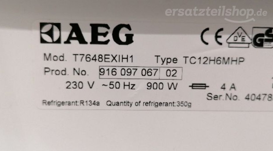 Typenschild AEG T7648EXIH1 91609706702