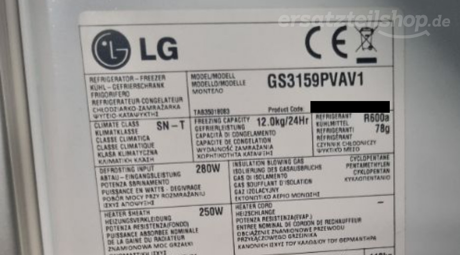 Typenschild LG GS3159PVAV1.APVQEUR GS3159PVAV1.APVQEUR