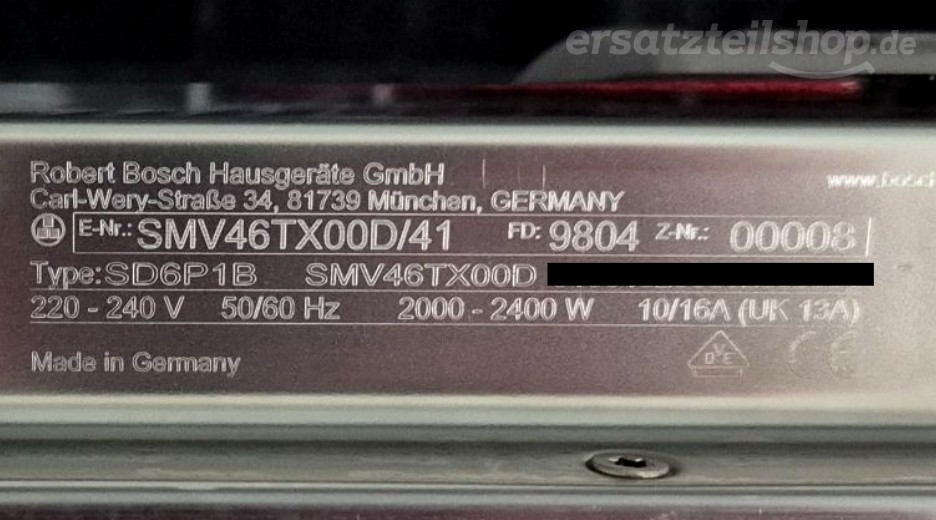Typenschild Bosch SMV46TX00D/41