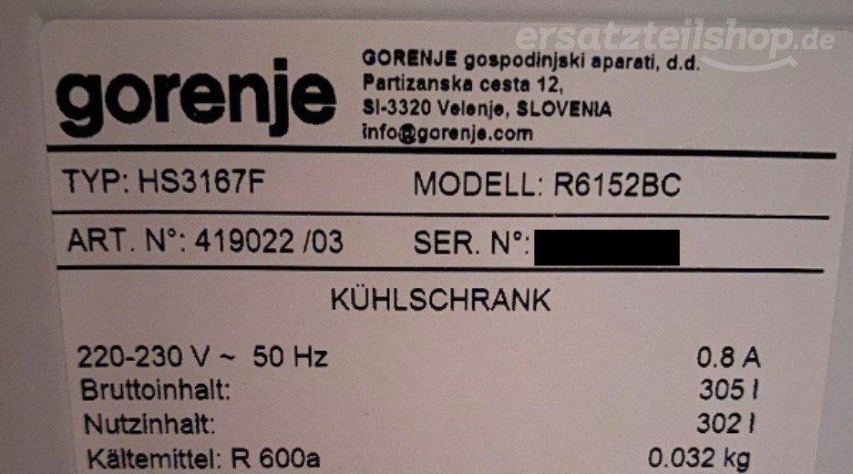 Typenschild Gorenje R6152BC 419022