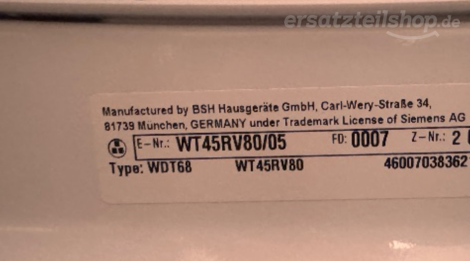 Typenschild Siemens WT45RV80/05