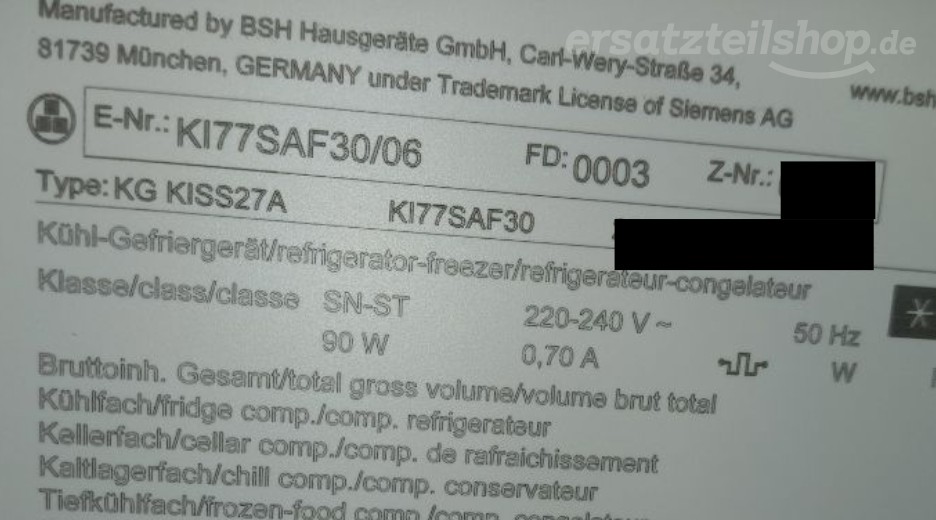 Typenschild Siemens KI77SAF30/06