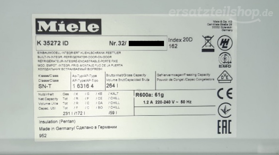 Typenschild Miele K 35272 iD K35272ID