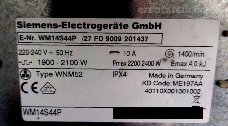 Typenschild Siemens WM14S44P/27