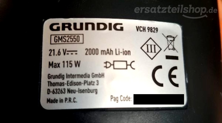 Typenschild Grundig VCH 9829 GMS2550