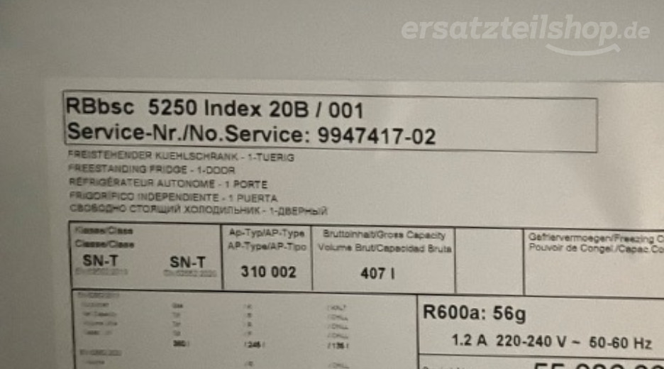 Typenschild Liebherr RBbsc 5250-20B 994741702