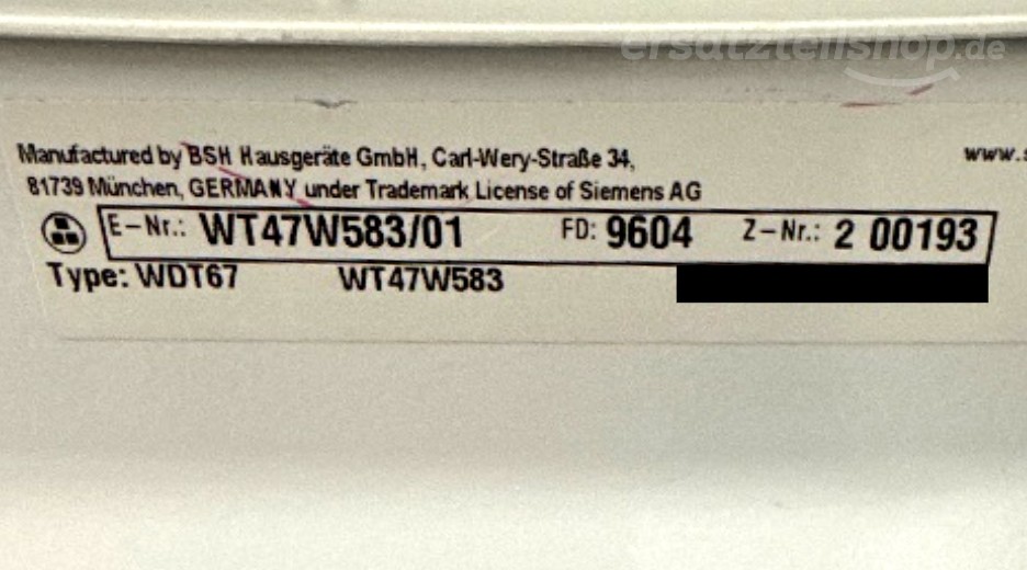 Typenschild Siemens WT47W583/01