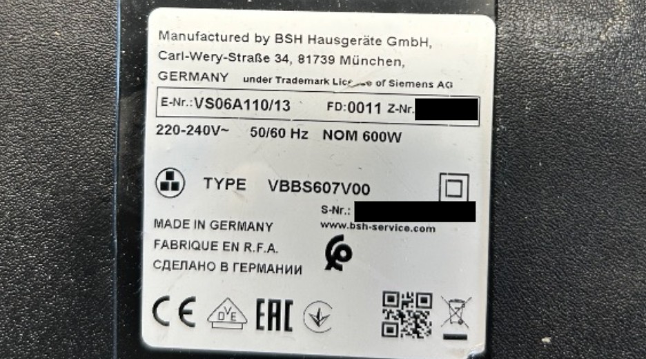 Typenschild Siemens VS06A110/13