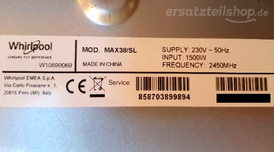 Typenschild Bauknecht MAX38SL 858703899894