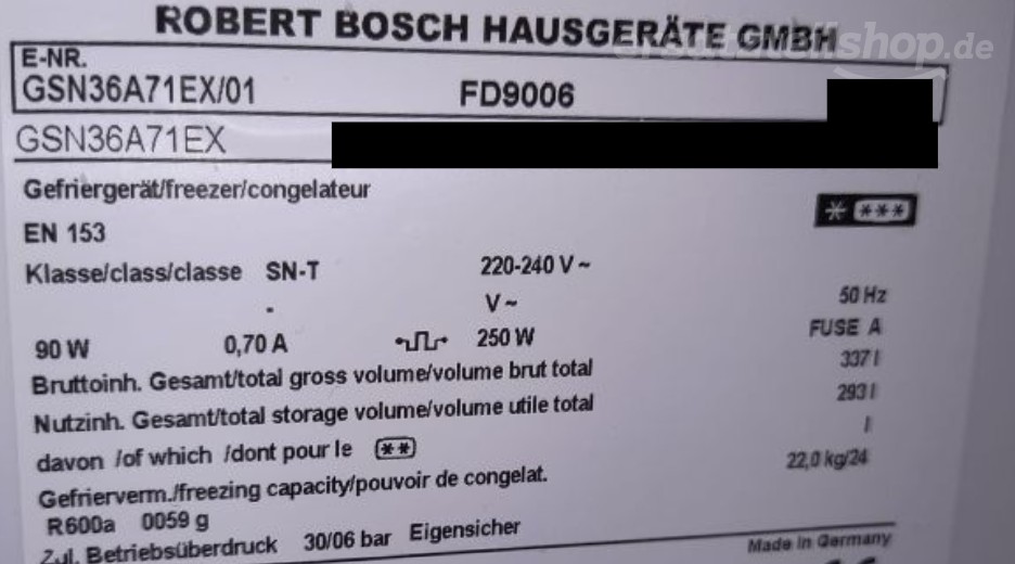 Typenschild Bosch GSN36A71EX/01