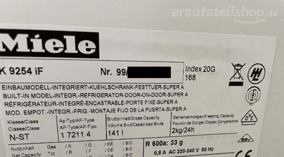 Typenschild Miele K 9254 iF K9254IF
