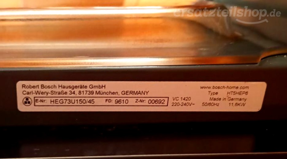 Typenschild Bosch HEG73U150/45