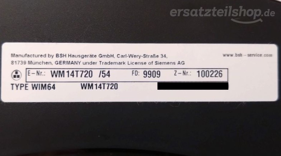 Typenschild Siemens WM14T720/54