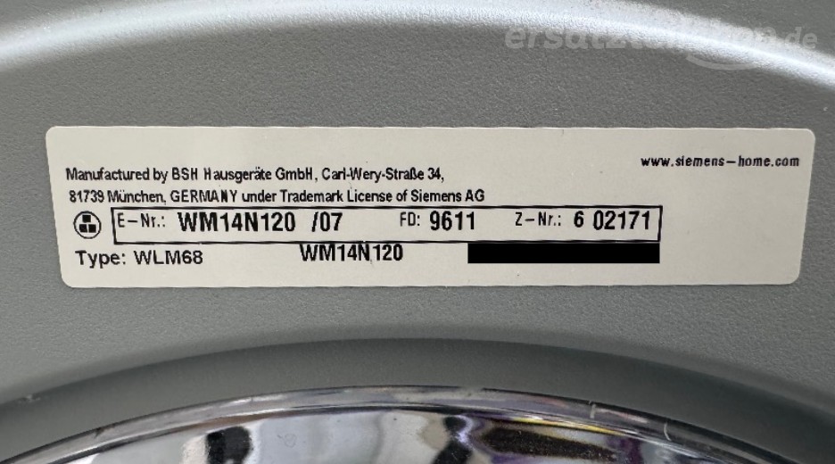 Typenschild Siemens WM14N120/07