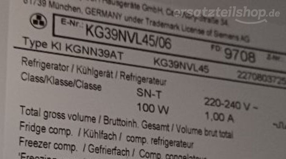 Typenschild Siemens KG39NVL45/06