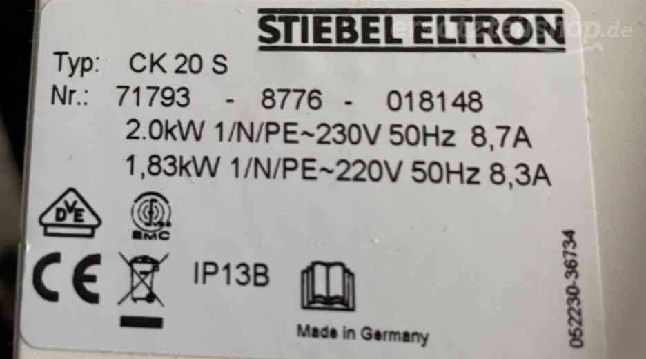 Typenschild Stiebel Eltron CK20S