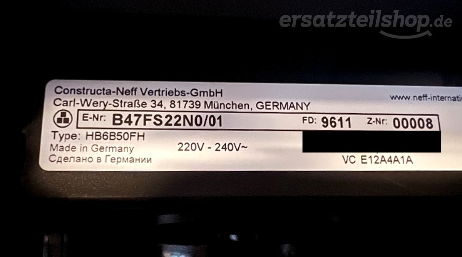 Typenschild Neff B47FS22N0/01