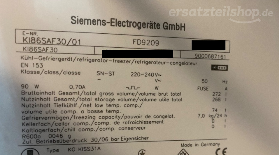 Typenschild Siemens KI86SAF30/01