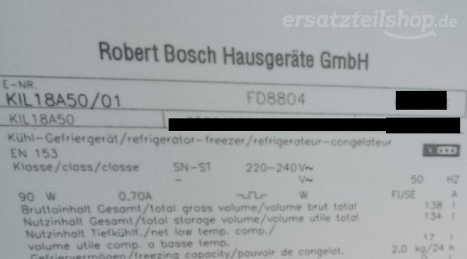 Typenschild Bosch KIL18A50/01