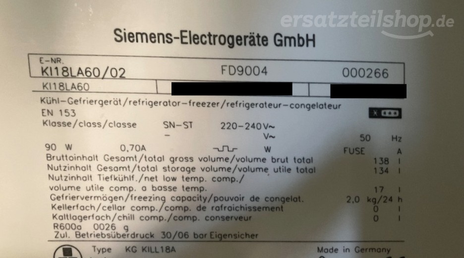 Typenschild Siemens KI18LA60/02