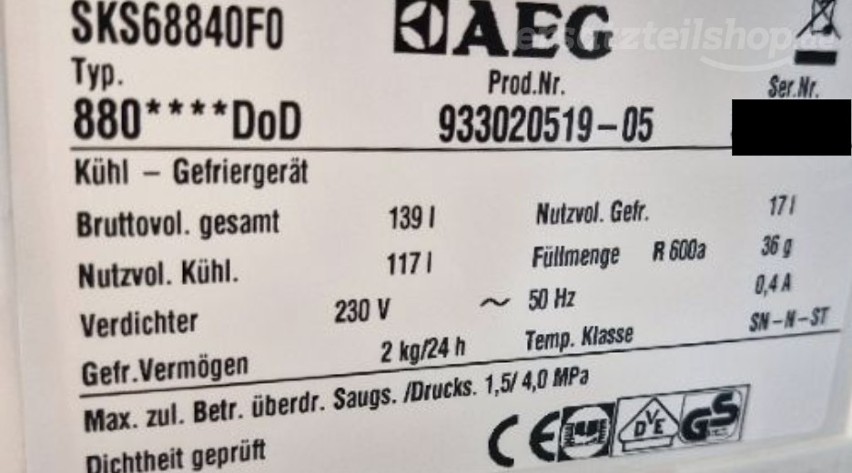 Typenschild AEG SKS68840F0 93302051905