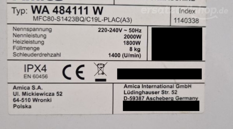 Typenschild Amica WA484111W 1140338