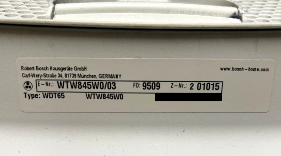 Typenschild Bosch WTW845W0/03