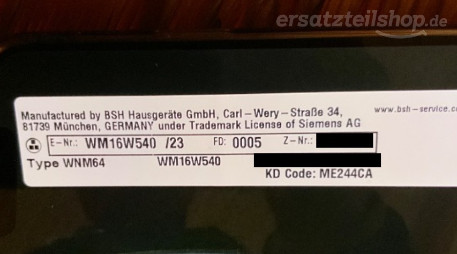 Typenschild Siemens WM16W540/23