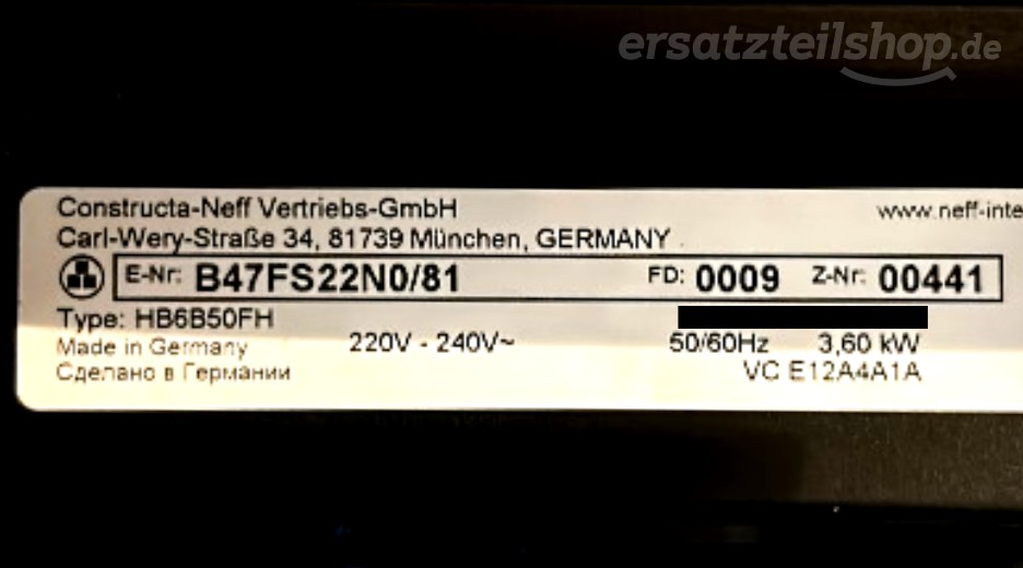 Typenschild Neff B47FS22N0/81