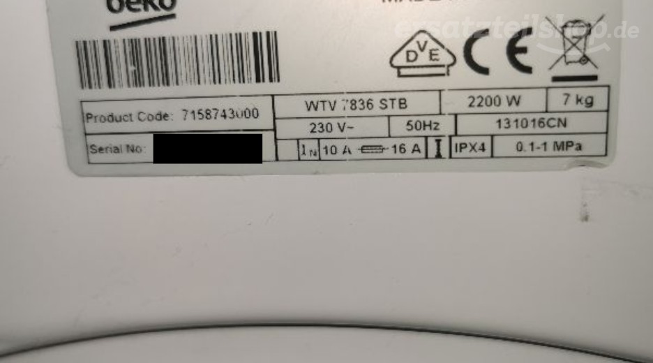 Typenschild Beko WTV 7836 STB BEKO 7158743000