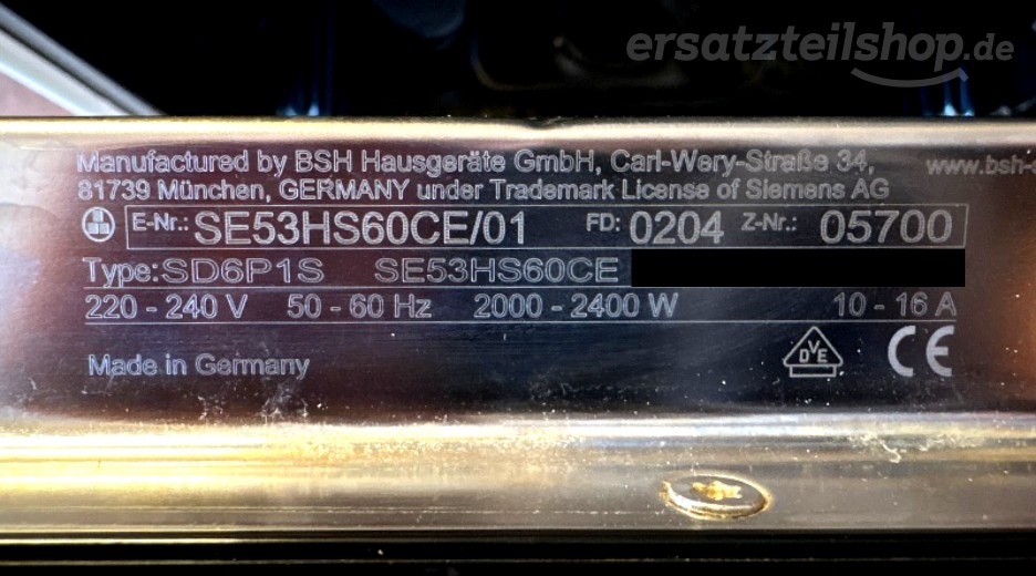 Typenschild Siemens SE53HS60CE/01