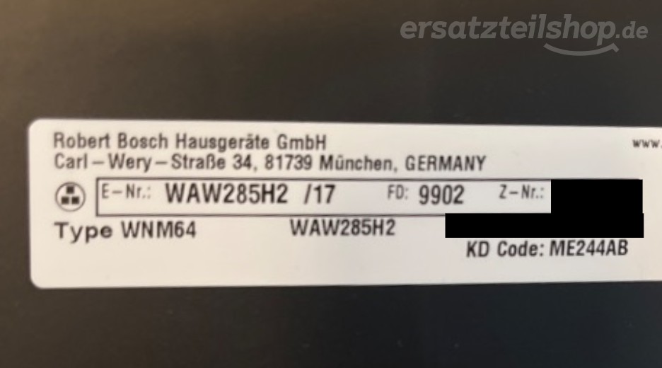 Typenschild Bosch WAW285H2/17
