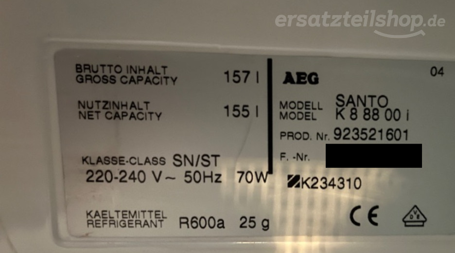 Typenschild AEG SK88800I 92352160100