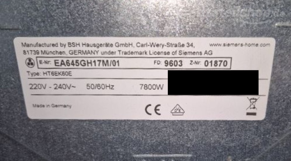 Typenschild Siemens EA645GH17M/01