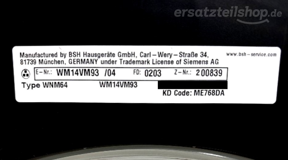Typenschild Siemens WM14VM93/04