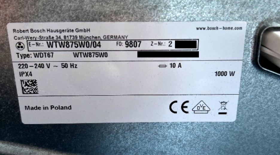 Typenschild Bosch WTW875W0/04