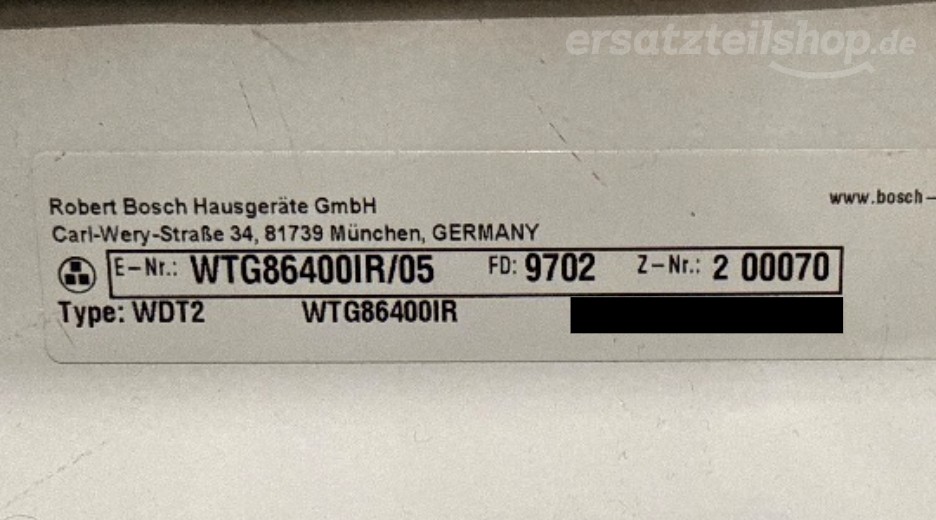 Typenschild Bosch WTG86400IR/05