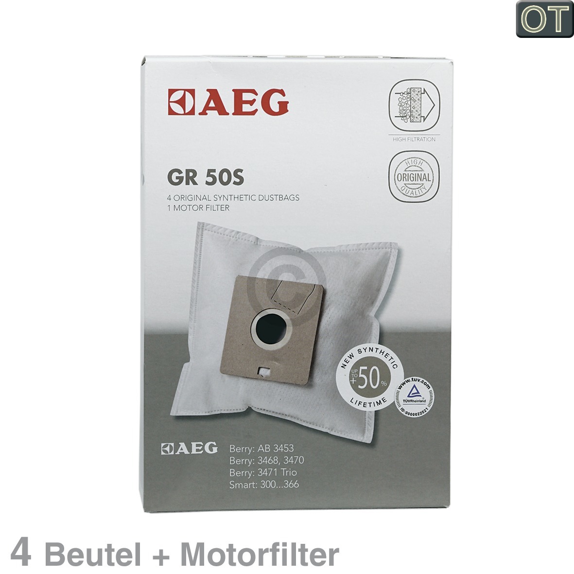 Filterbeutel AEG 9001669796 GR50S für Bodenstaubsauger 4Stk + Filtermatte