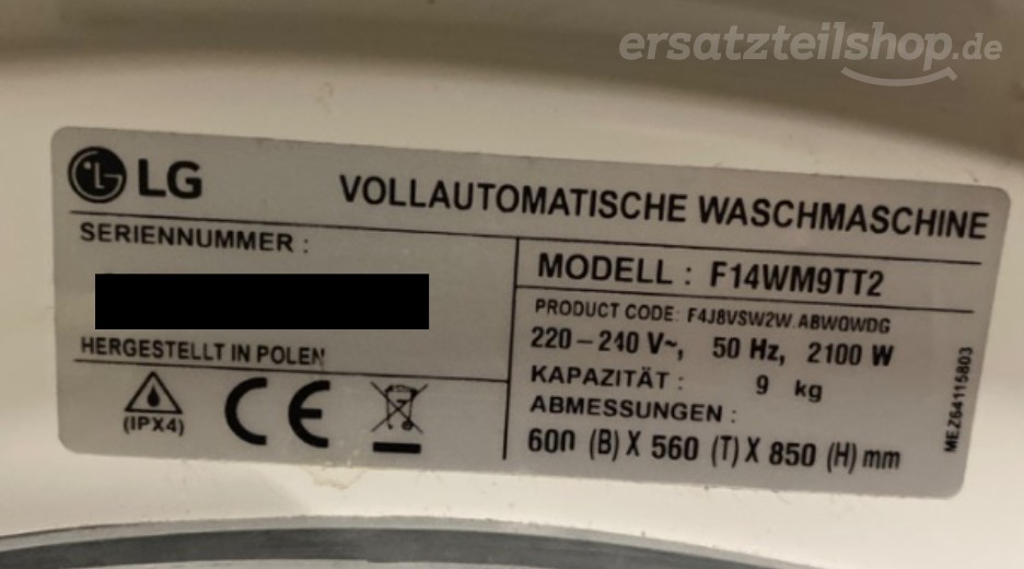 Typenschild LG F14WM9TT2.ABWQWDG F14WM9TT2.ABWQWDG