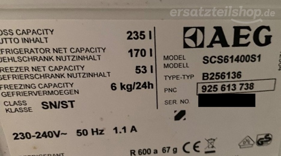 Typenschild AEG SCS61400S1 92561373800