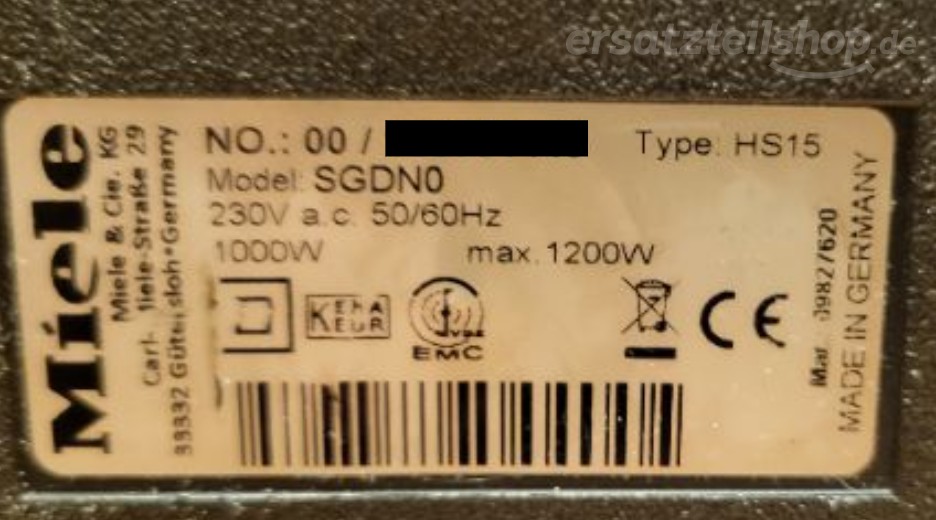 Typenschild Miele SGDN0 SGDN0