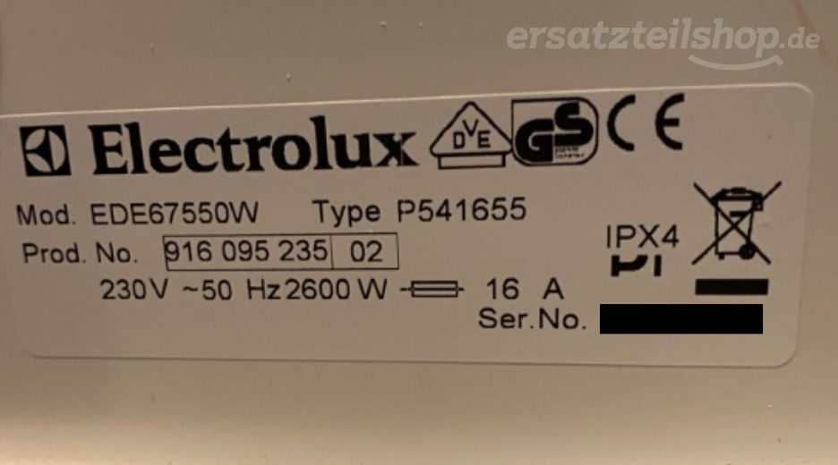 Typenschild Electrolux EDE67550W 91609523502