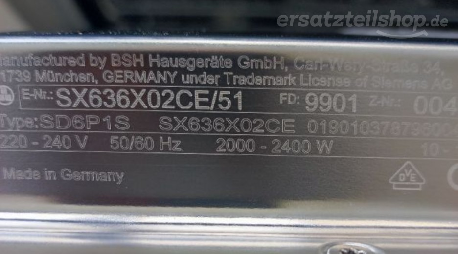 Typenschild Siemens  SX636X02CE/51