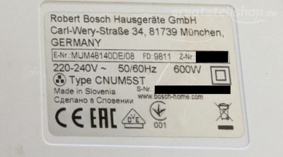 Typenschild Bosch MUM48140DE/08