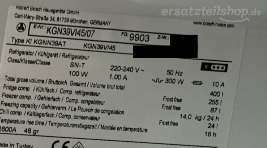 Typenschild Bosch KGN39VI45/07