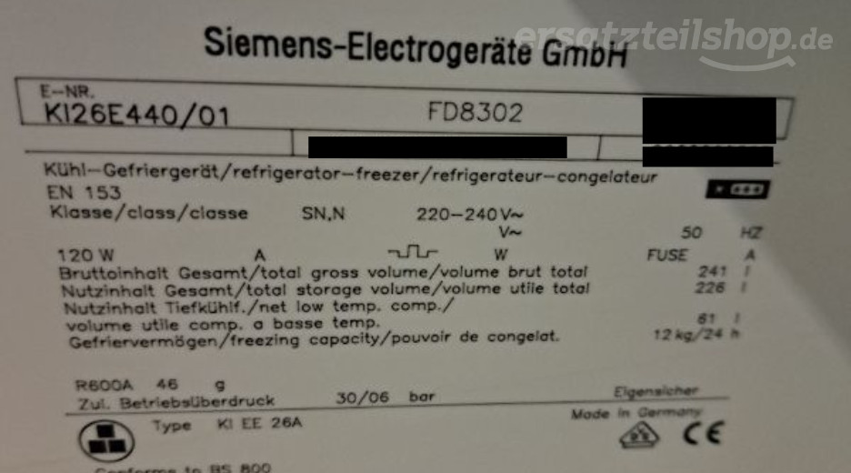 Typenschild Siemens KI26E440/01