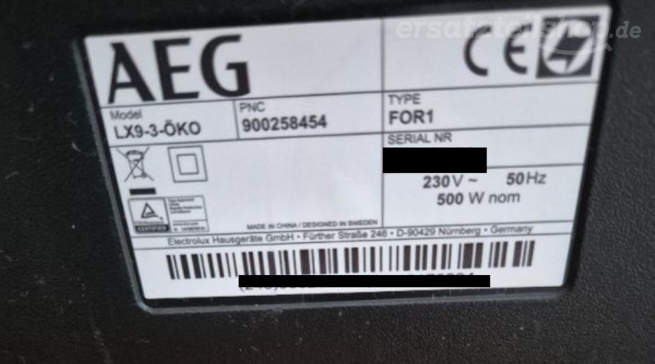 Typenschild AEG LX9-3-?KO 90025845400